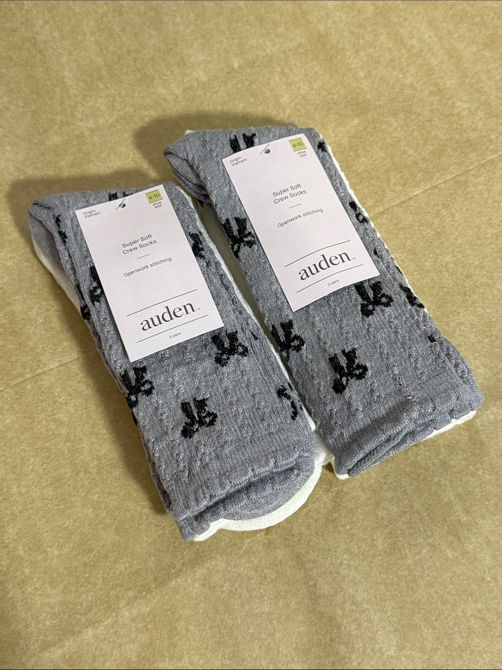 Auden Gray Crew Socks with Black Bow Accent & White - Set of 2 Packs, 2 Pairs Ea